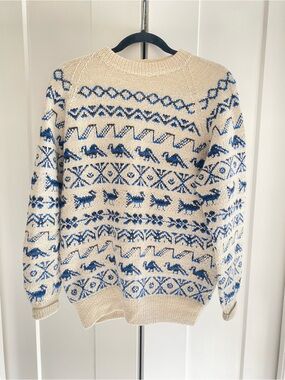 Vintage Fotrama 100% Alpaca Wool Cream and Blue Fair Isle Animal Pattern Sweater